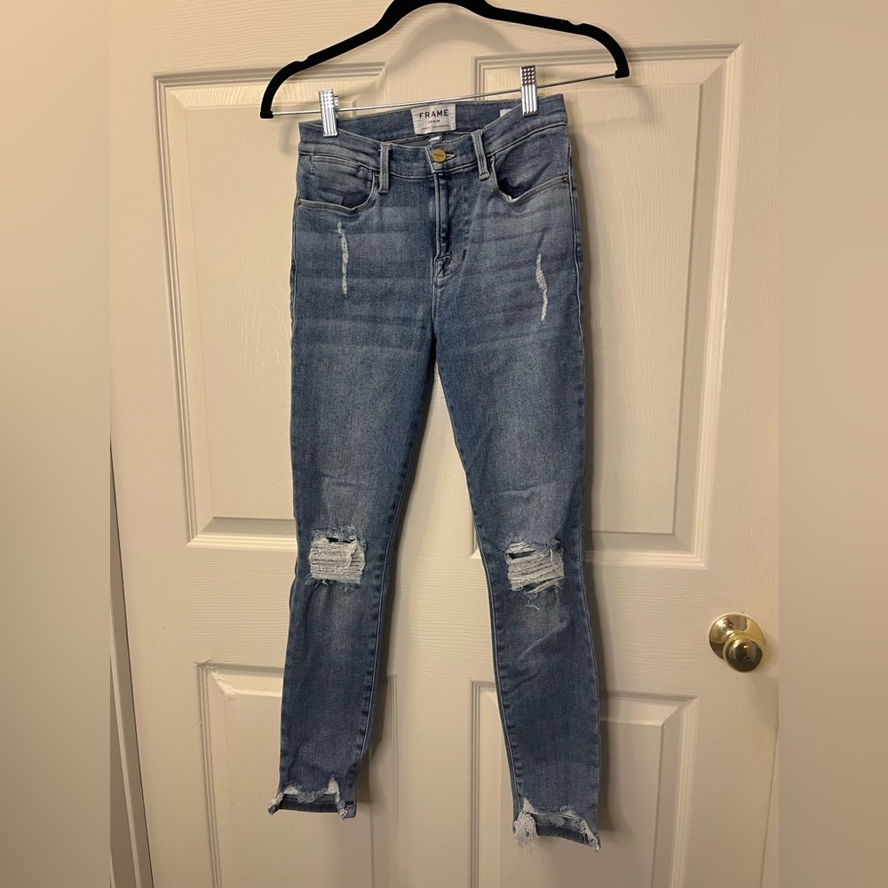 Frame Denim Women's Ripped Light Blue Skinny High Rise Cropped Jeans Sz 25